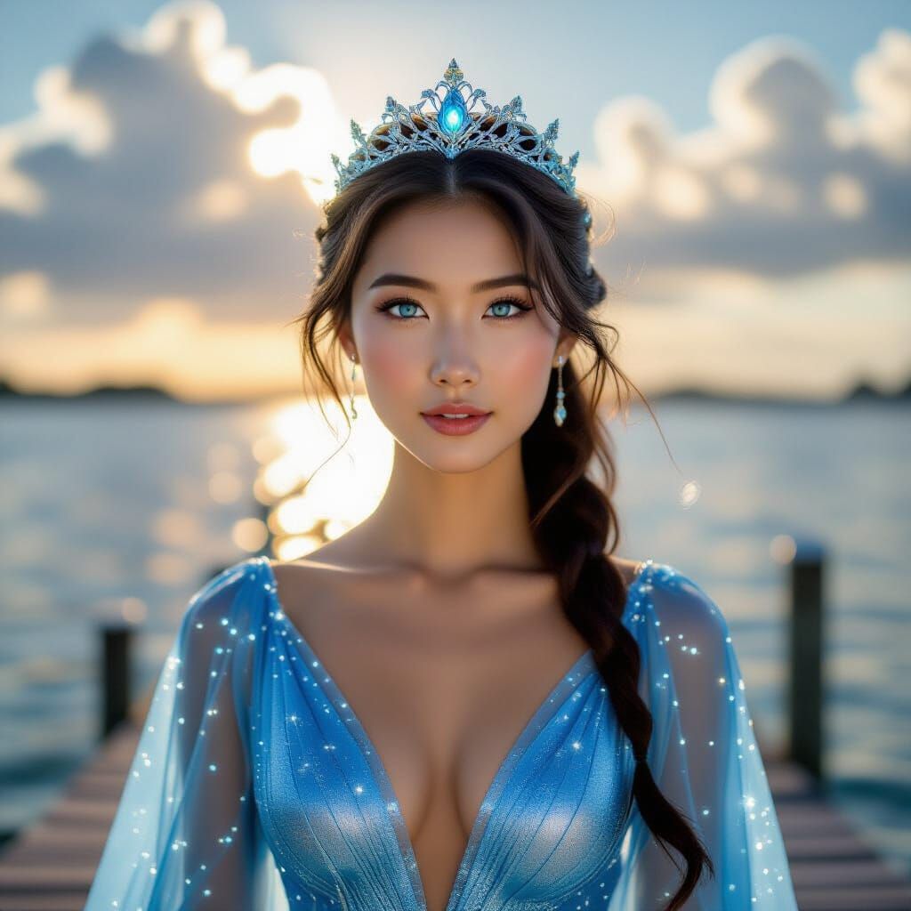 Asian Woman on Dock in Radiant Blue Gown