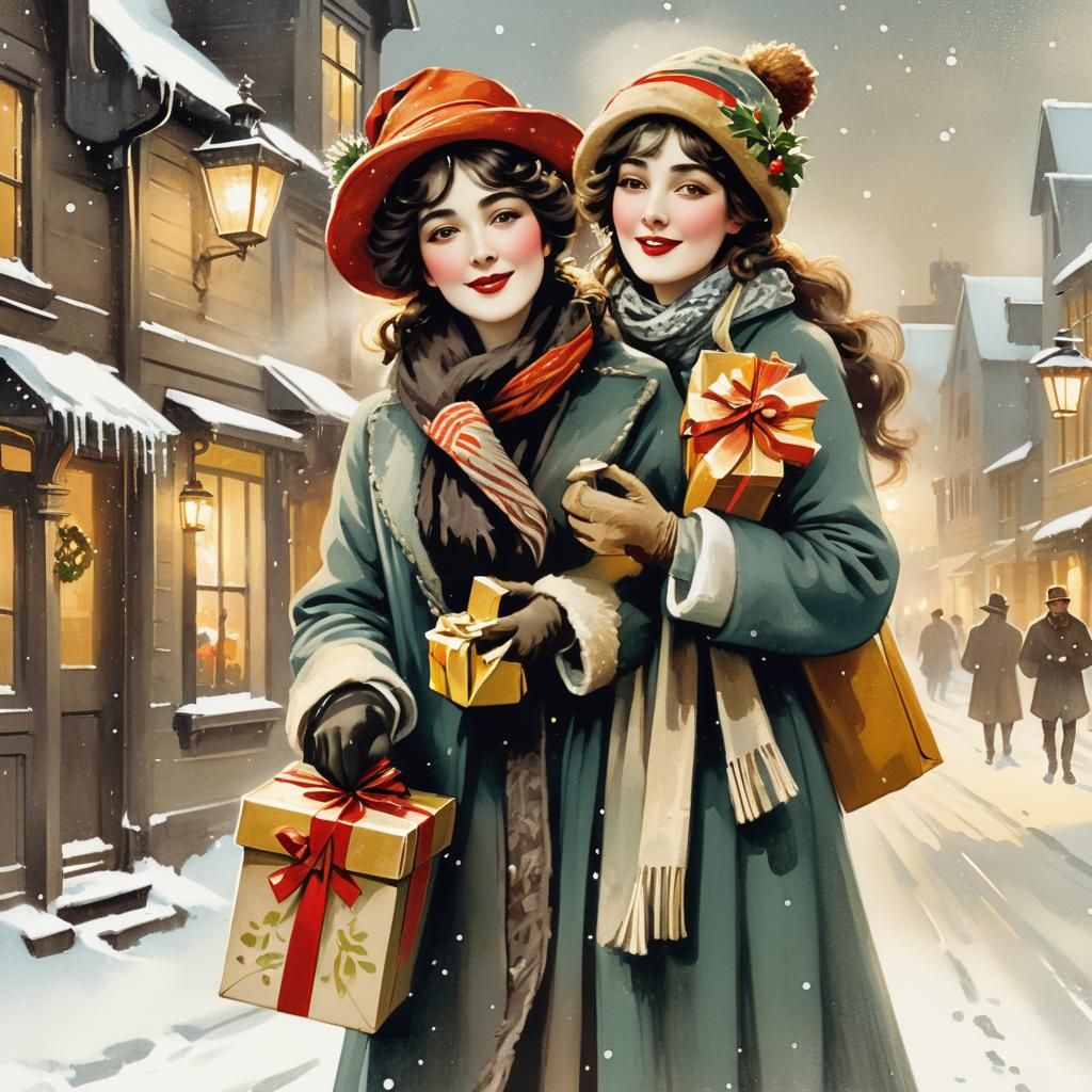 Evelyn Nesbit in Snowy Village, Vintage Illustration