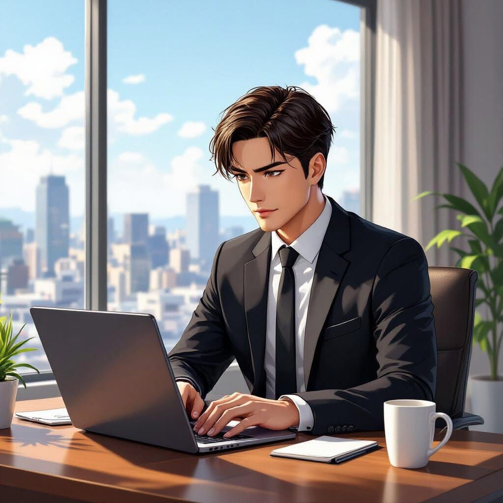Anime Style Professional Man Working at Desk