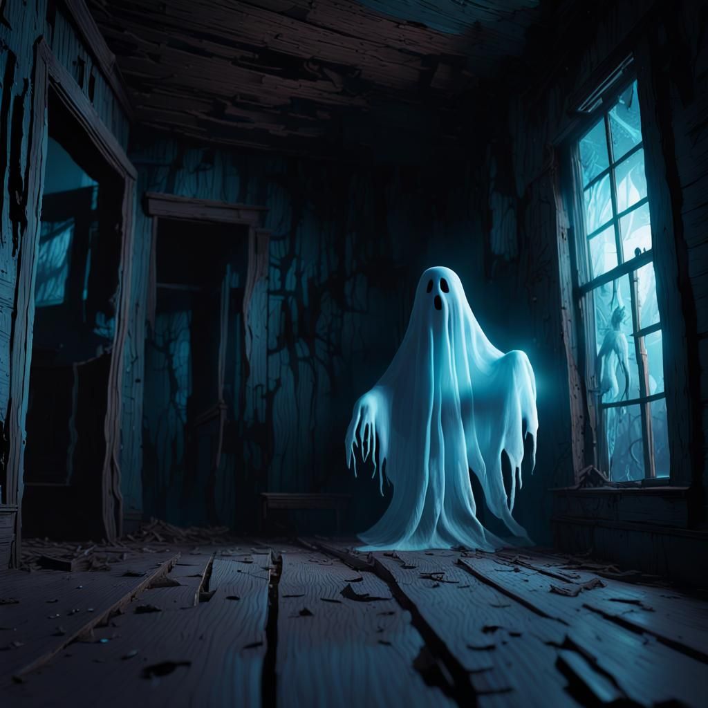 Ethereal Ghost Gliding Through Haunted House in Pixar Style
