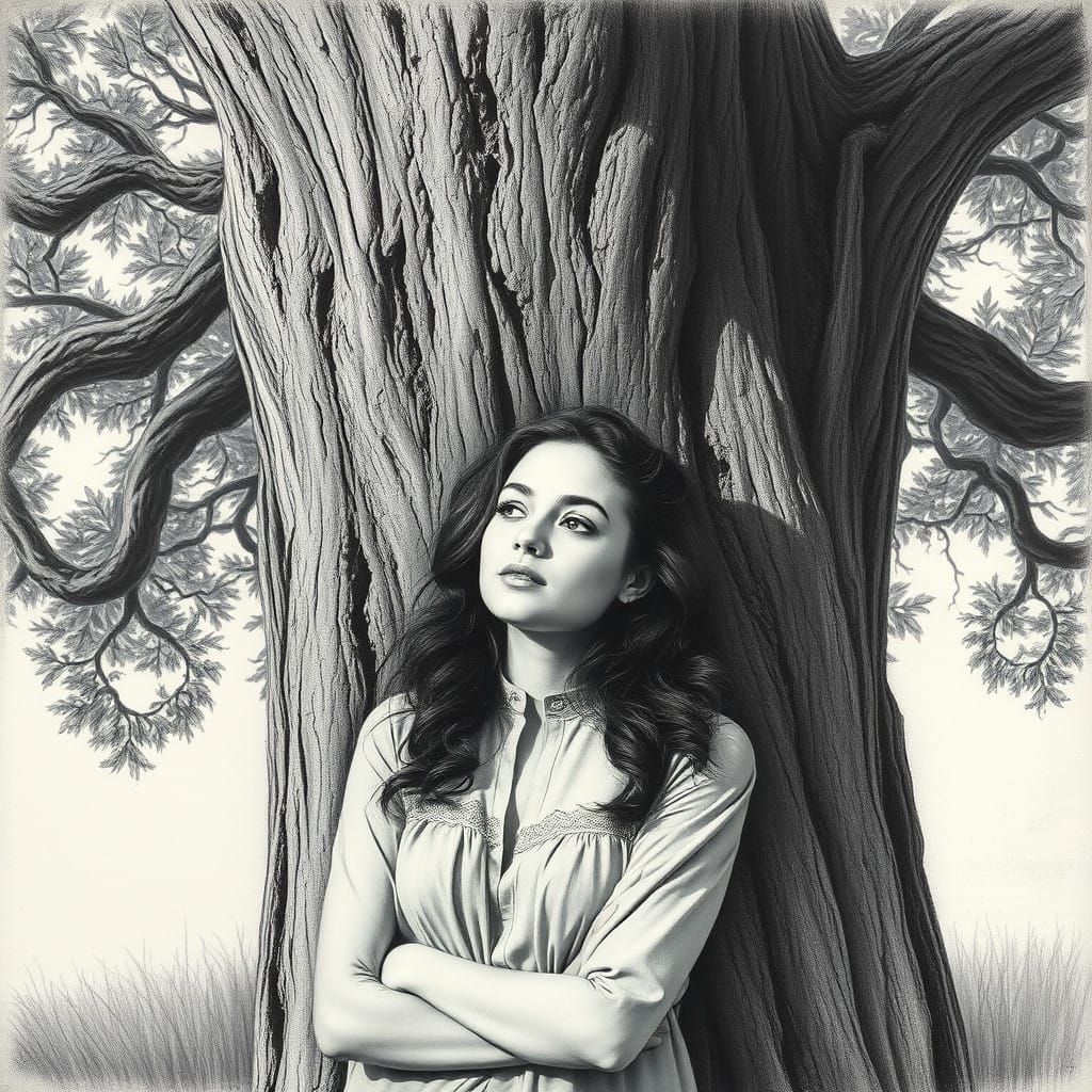 A Woman Leans Against an Oak Tree in Charcoal Drawing