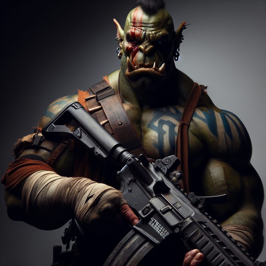 Futuristic Orc Streetsamurai with Assault Rifle
