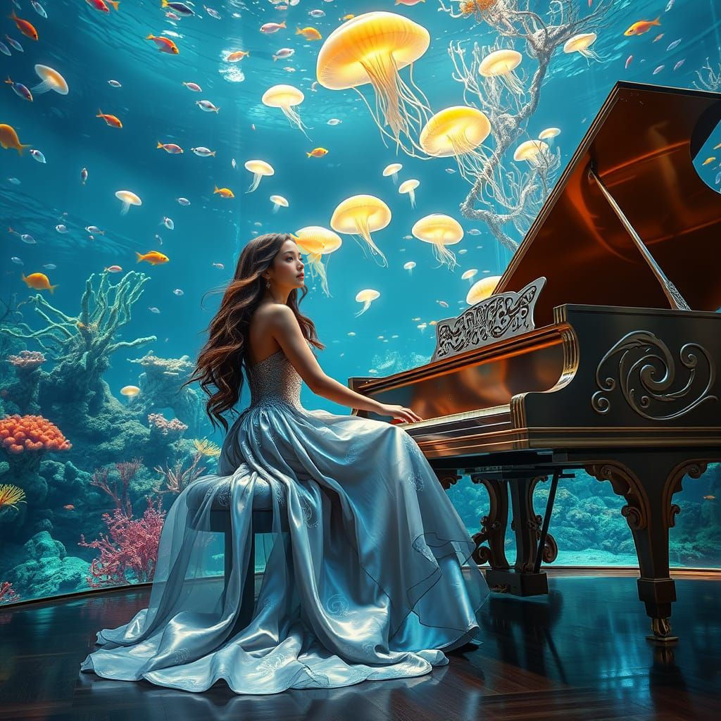 Ethereal Piano Maiden in Aquatic Dreamscape