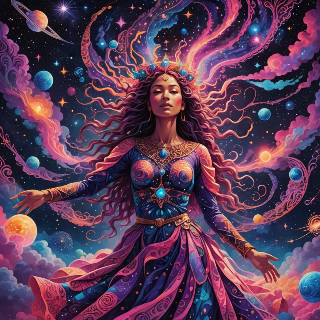 Cosmic Goddess in a Neon Surreal Universe