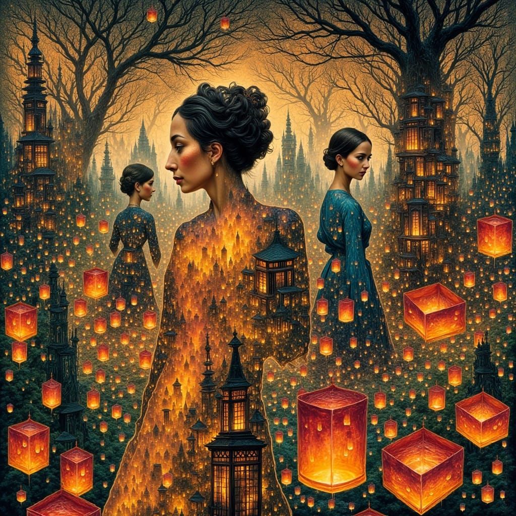 Avant-Garde Women with Lanterns in Rainy Season