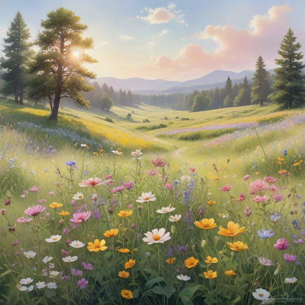 Vibrant Summer Meadow Blooms in Whimsical Watercolor Style