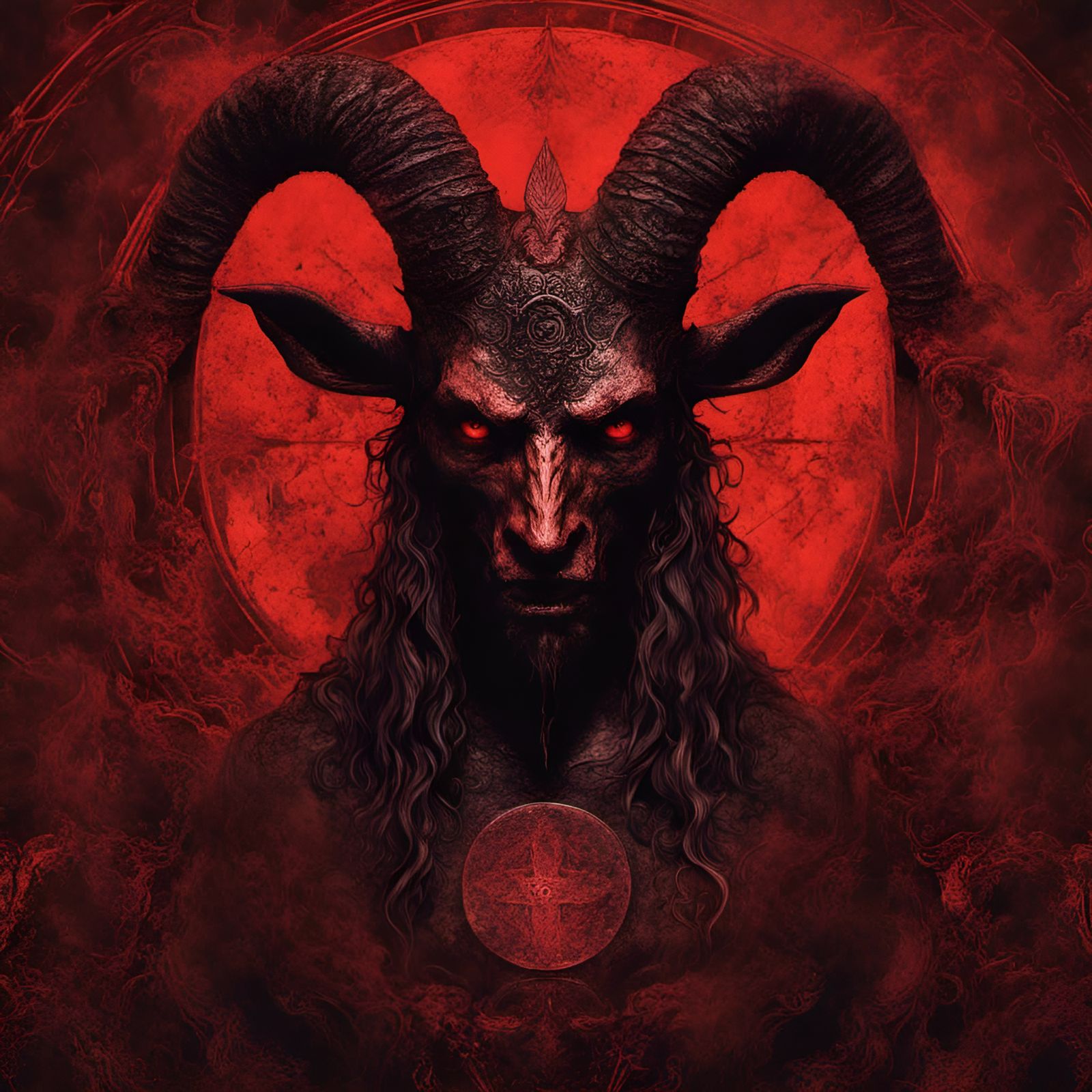 Baphomet Head in Red Fog, Black Metal Style