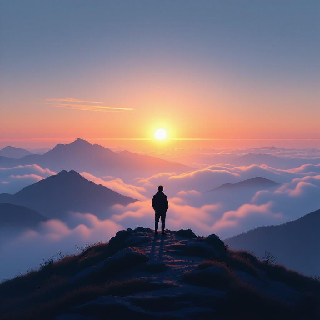 Figure Guided Home at Dawn on Misty Mountaintop