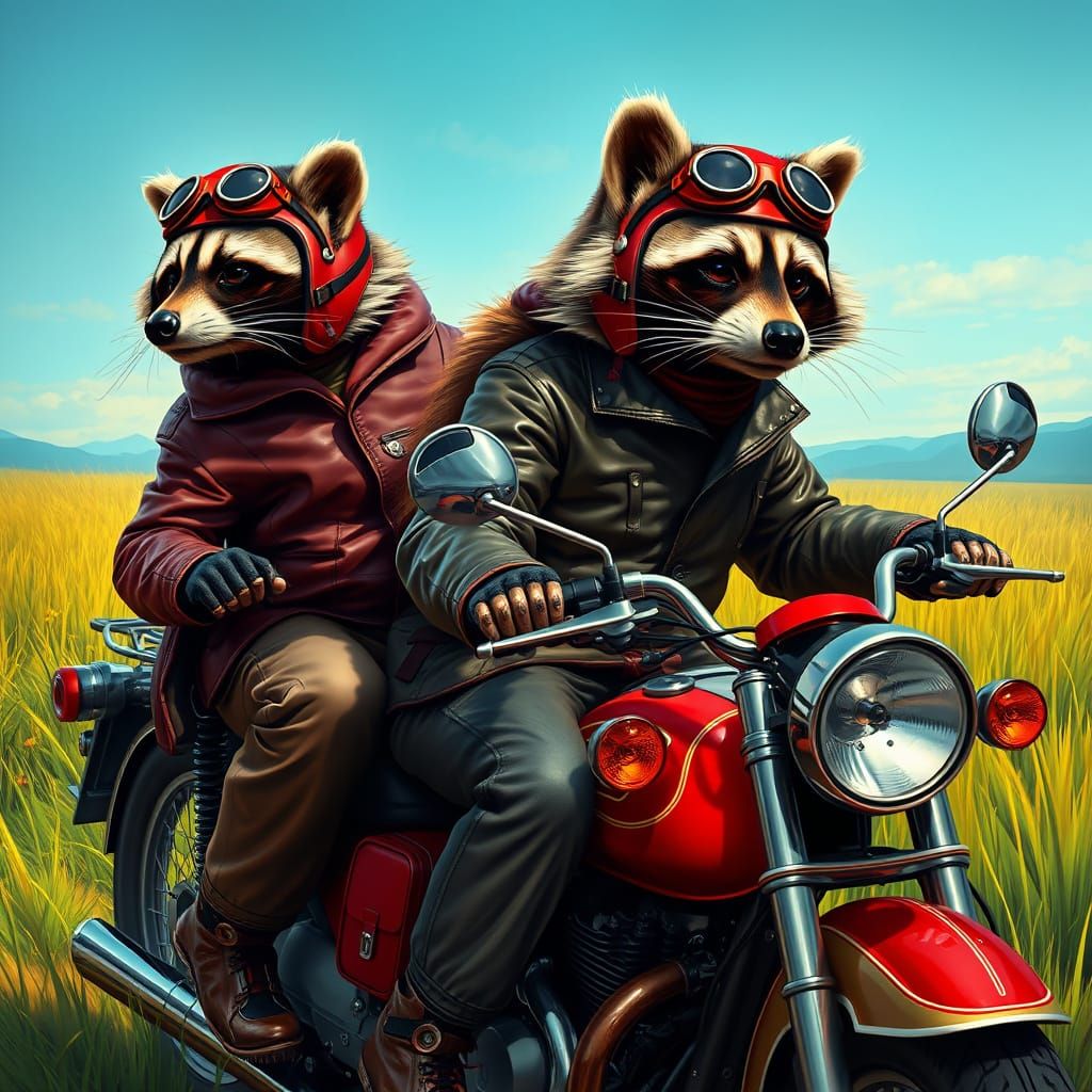 Raccoons on Motorcycle: Hyperrealistic Art