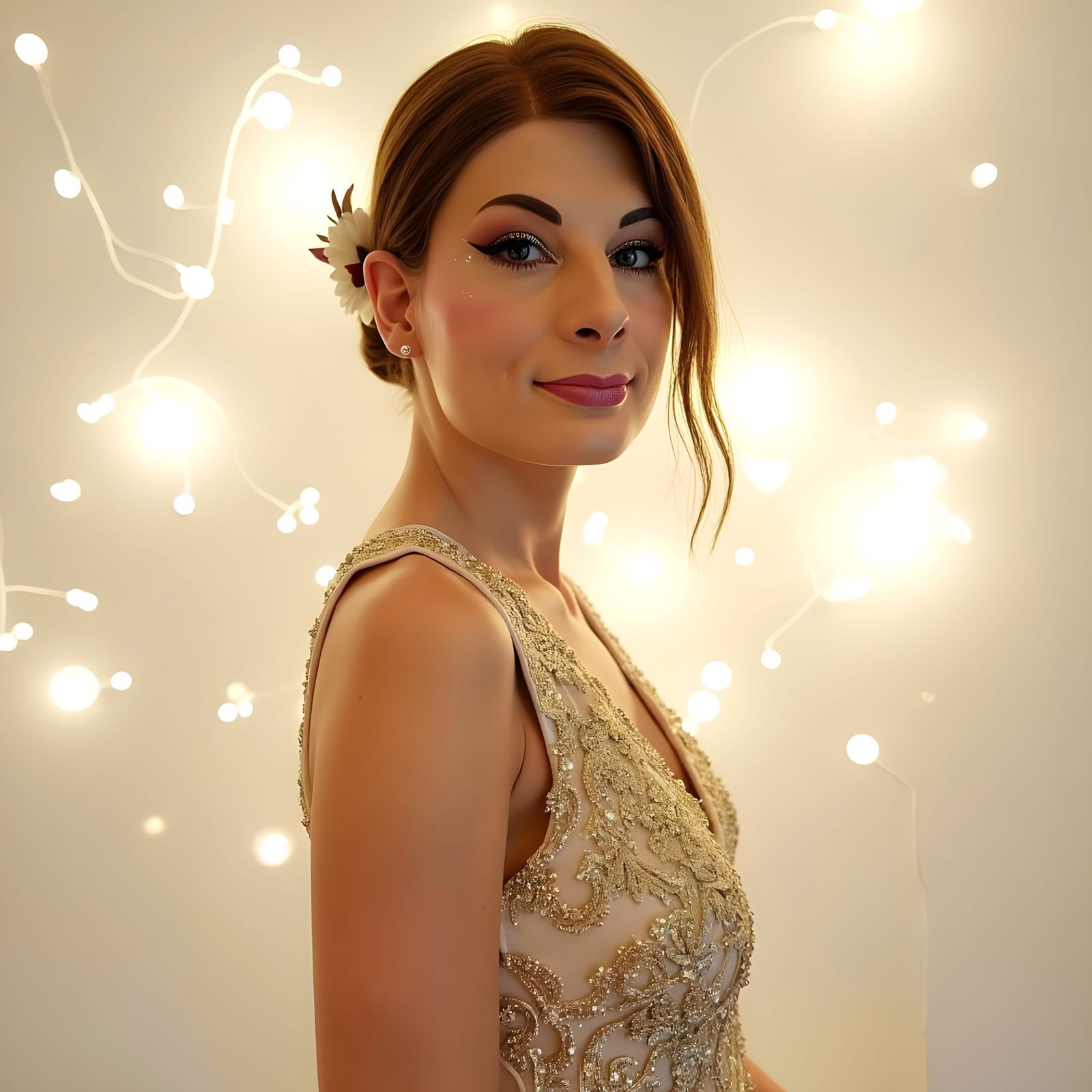 Elegant Woman in White and Gold Dress with Cloud Background