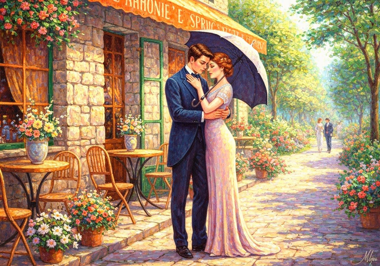 Art Deco Couple Embracing in a Pointillist Spring