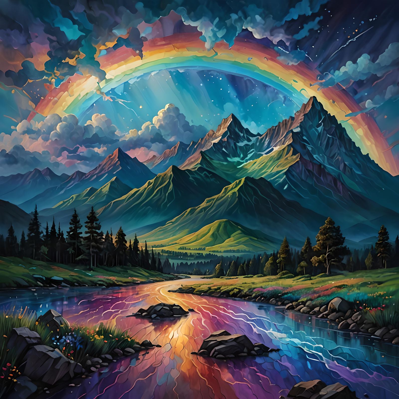 A landscape with rainbow coloured vibrant atmosphere and ver...
