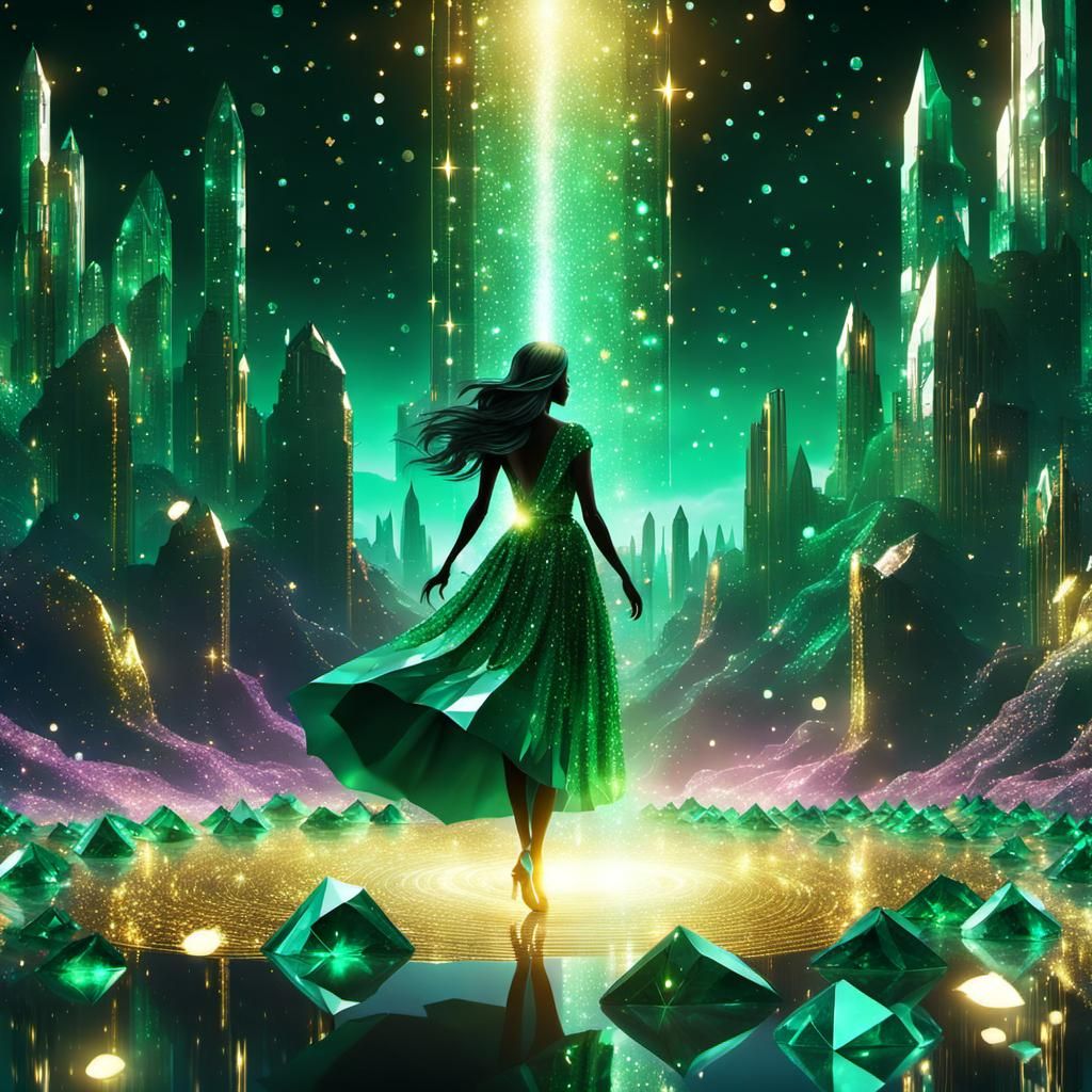 Emerald Crystal Girl's Cosmic Dreamscape Odyssey