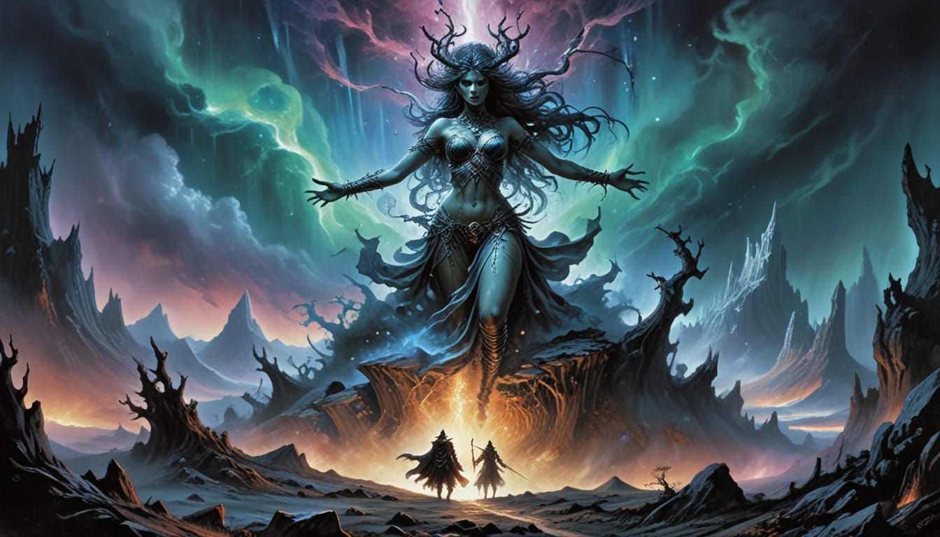 Ethereal Nature Goddess in Iridescent Misty Realm