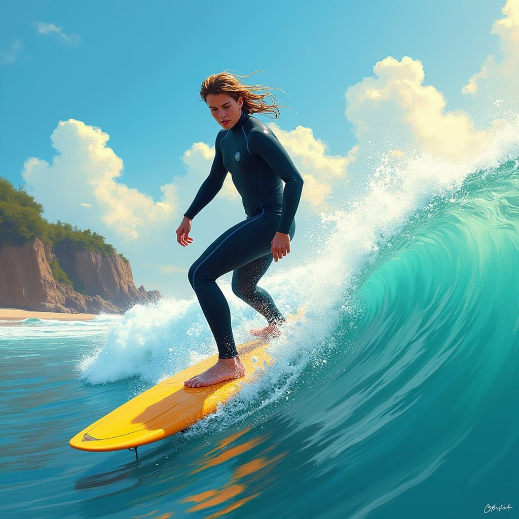 Surfer on Wave in Ash Thorp-inspired Style