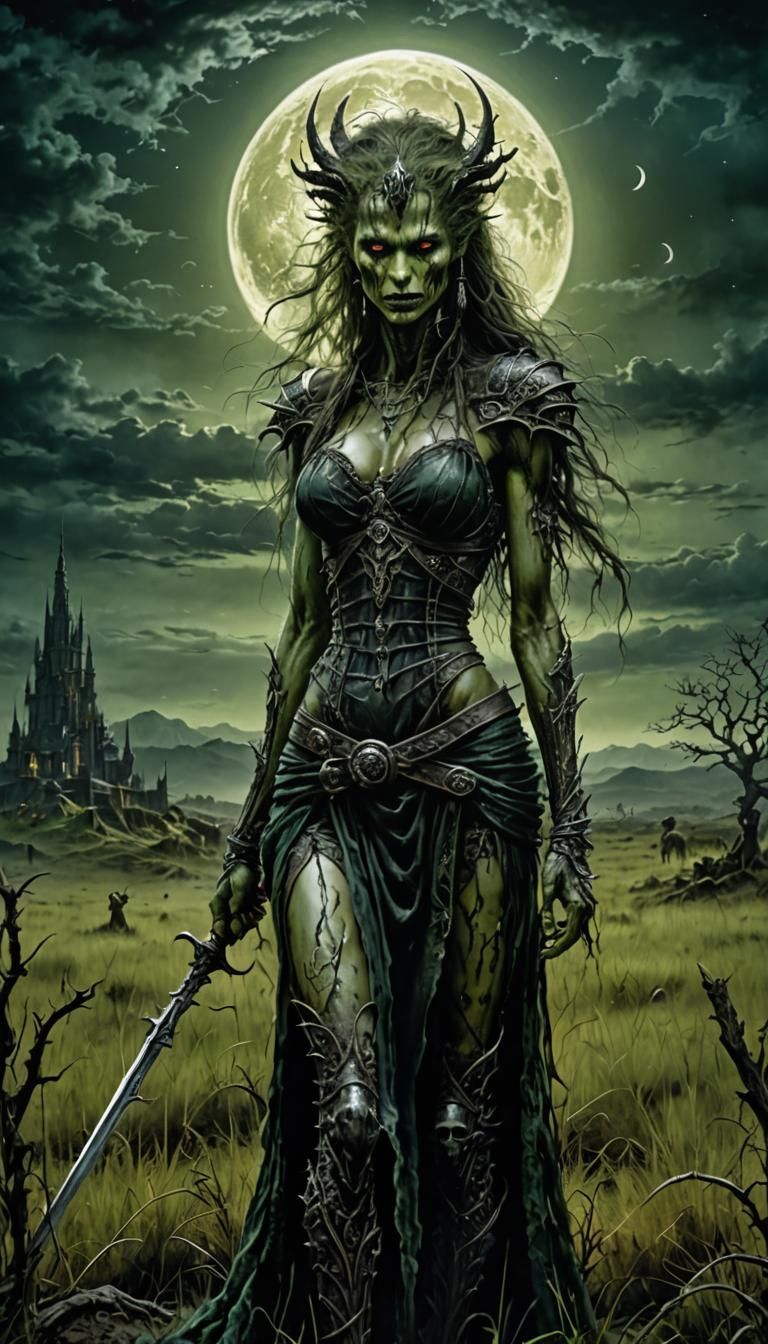 Eerie Zombie Beast in Moonlit Field: Hyperrealistic Art