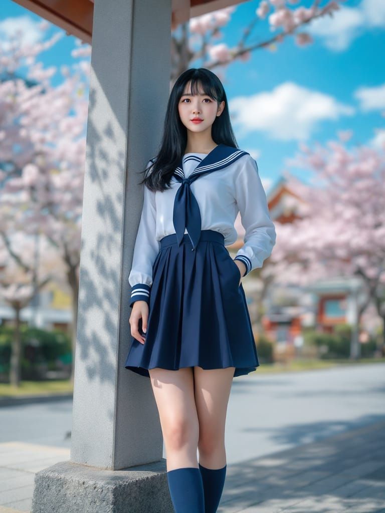 Kaori in Sailor Uniform Cosplay Amidst Cherry Blossoms
