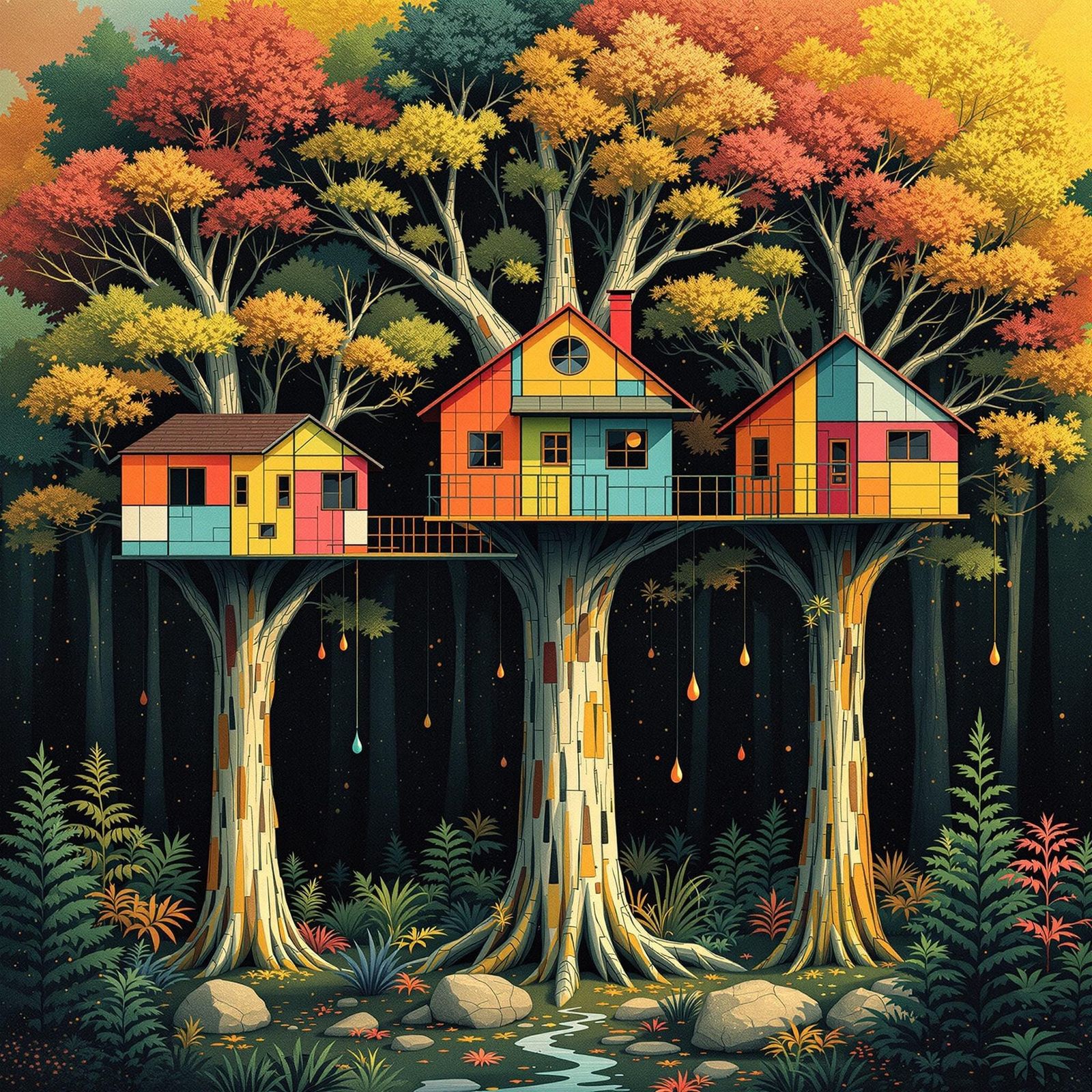 Surrealist Cubist Treehouses in Vibrant Forest Landscape