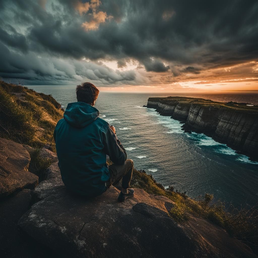 Man on Cliff at Sunset: Cinematic Film Still