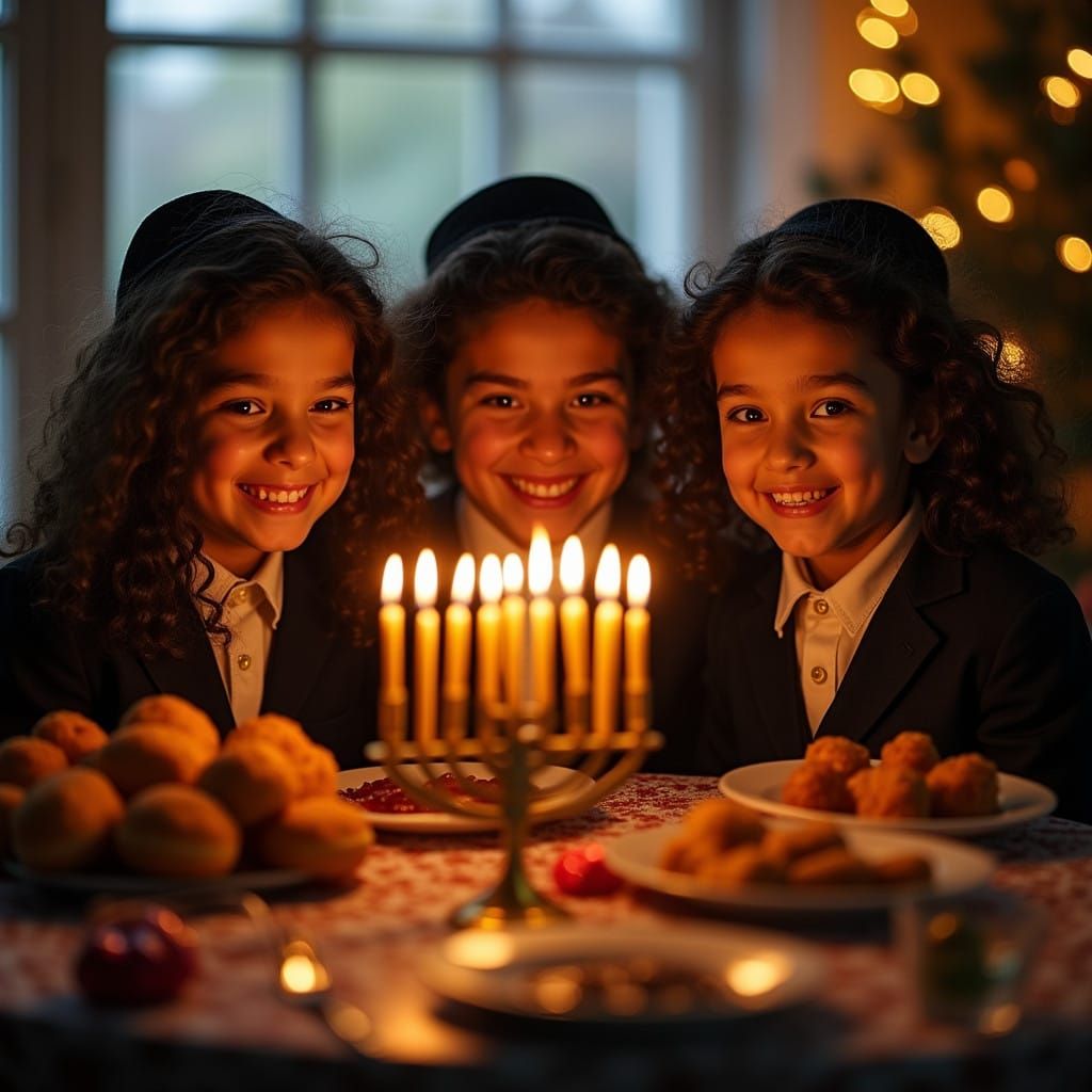 3 Young Hasidic Children Light Chanukah Menorah with Joy