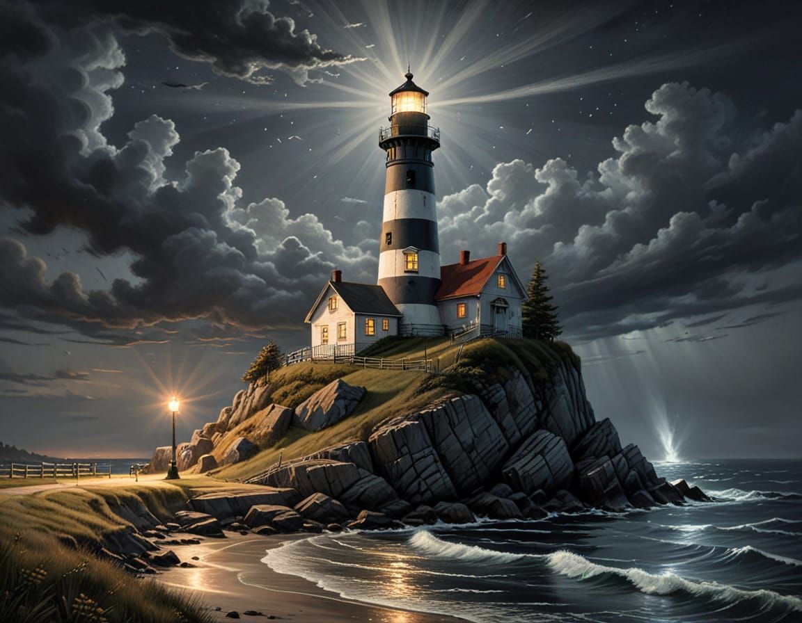 Vibrant Folk Art Lighthouse in Storybook Style