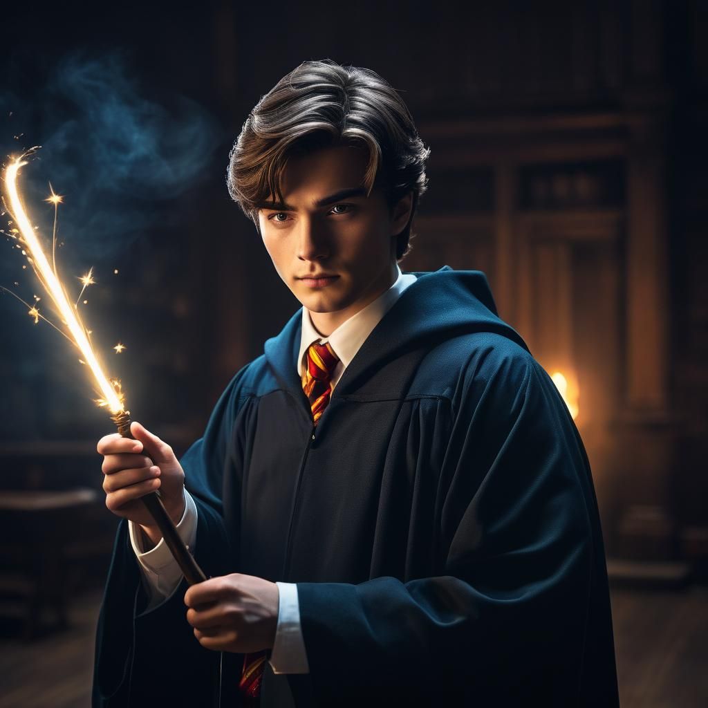 Young Wizard Conjuring Spell with Wand