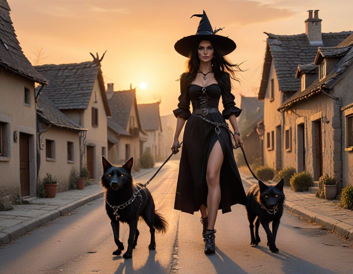 Witch Walks Chupacabra Through Village at Sunset