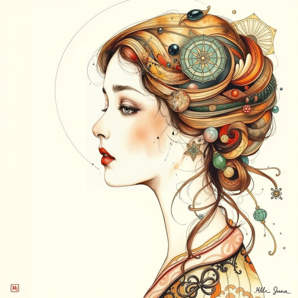 Emotional Female Face in Art Nouveau Style