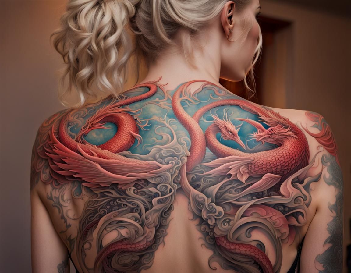 Red Dragon Swan Tattoo by Greg Rutkowski