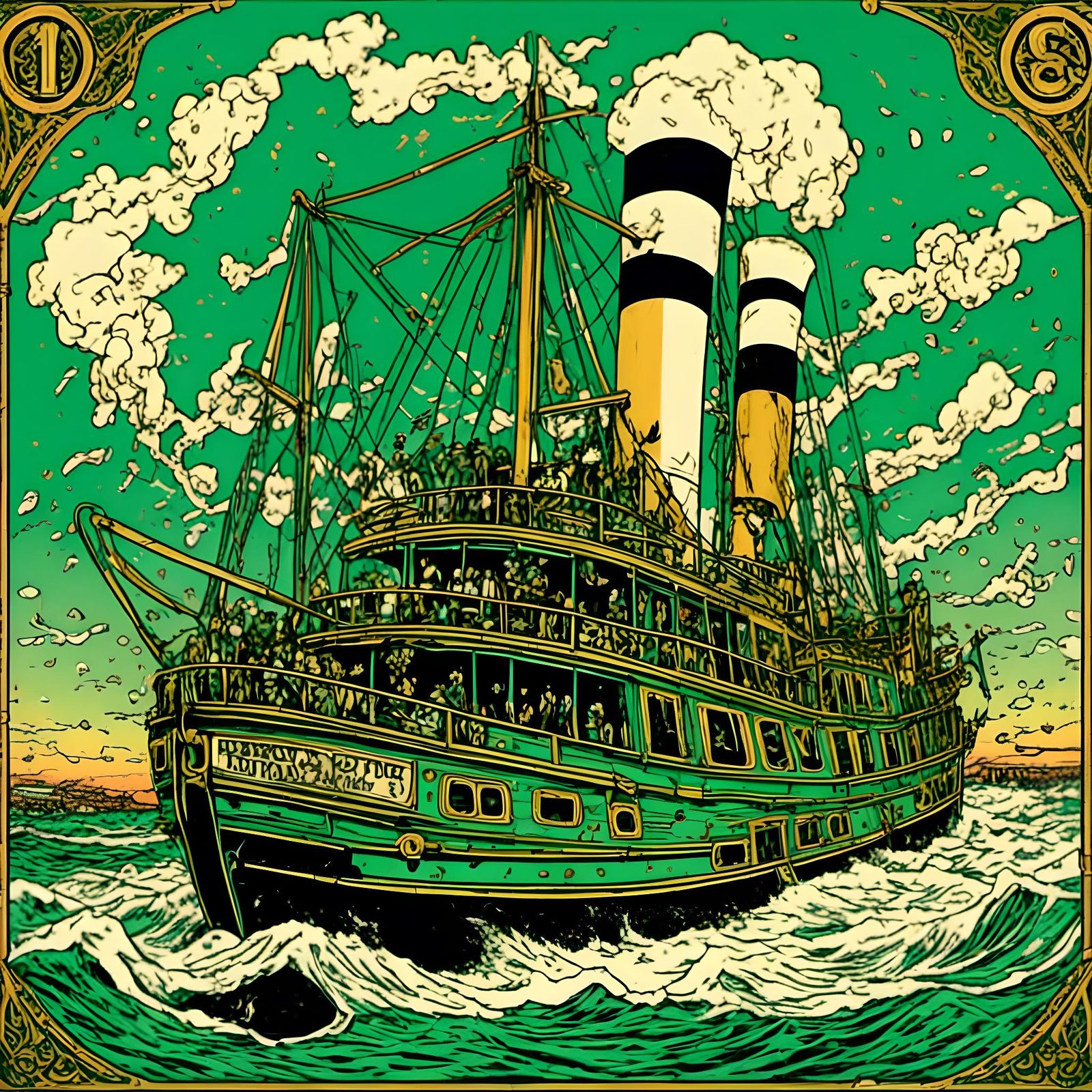 Steamboat 1874: Hyperrealistic Green and Gold Rendering