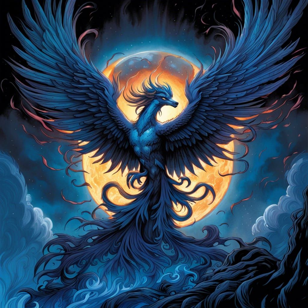 High Gothic Phoenix of Blue Flames Under Full Moon