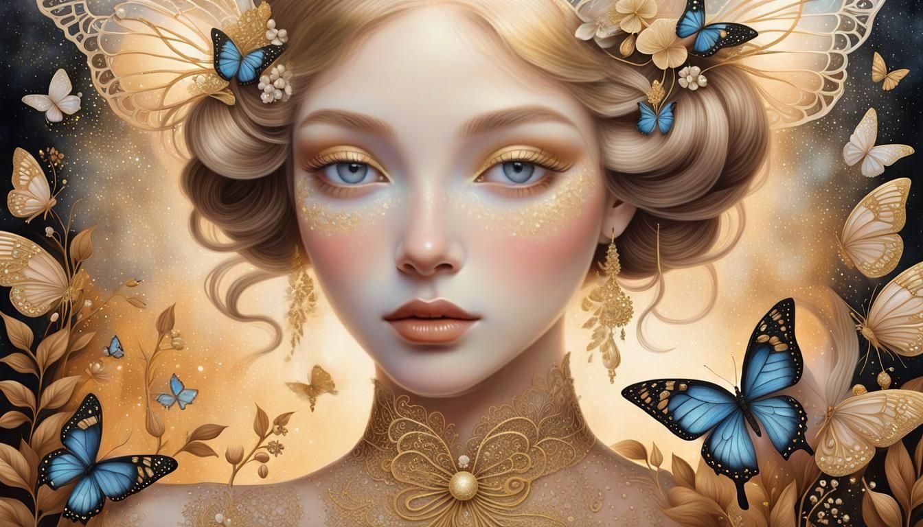 Ethereal Girl in Gold Dust, Mixed Media Art