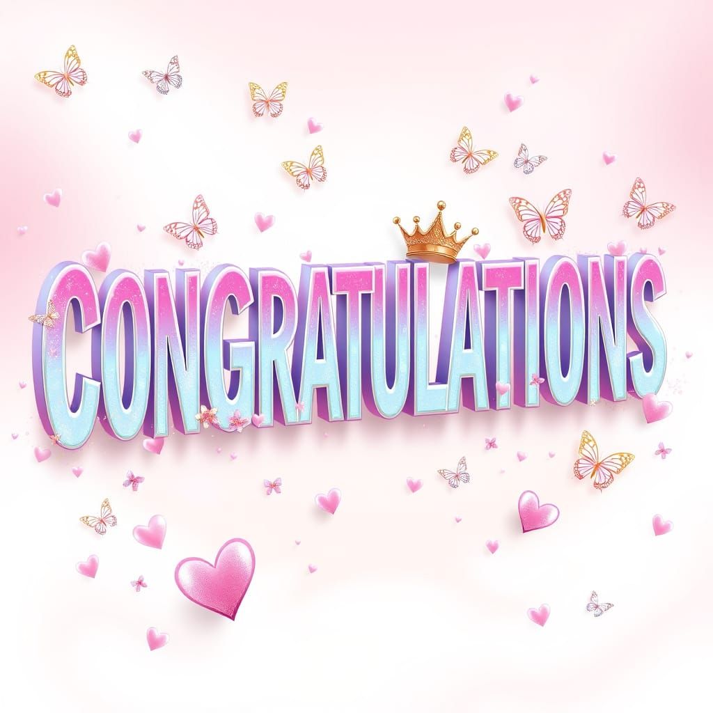 A vibrant digital artwork showcasing the name "CONGRATULATIONS" in large, glossy, three-dimensional letters, prominently...