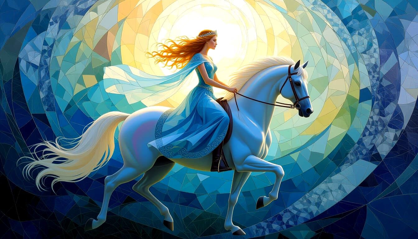 Celtic Princess Riding Holographic Horse in Surreal Style