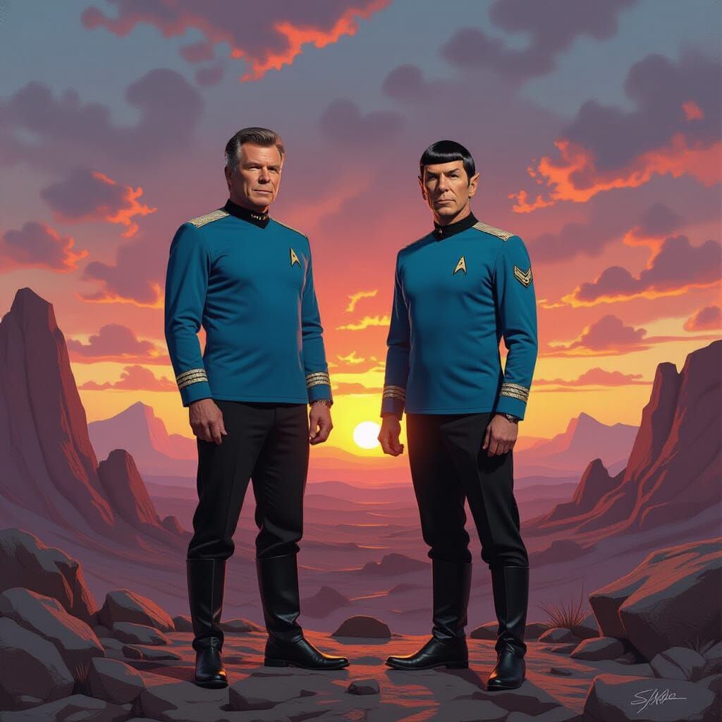 Kirk and Spock on Alien Planet as Oil Painting