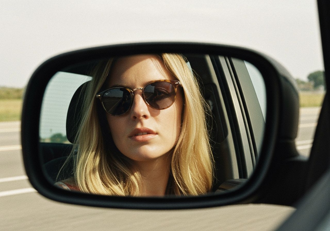 Woman's Face Reflected in Car Mirror