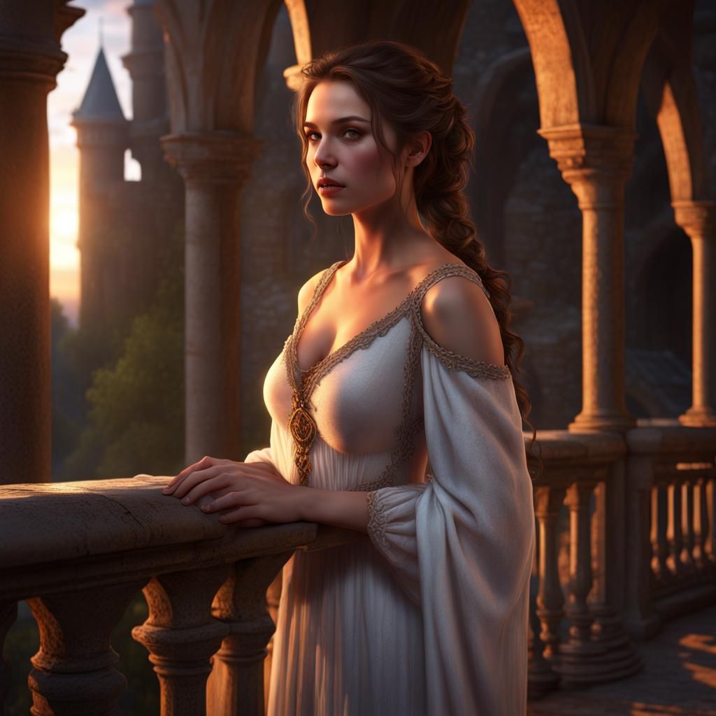 Medieval Beauty on Castle Balcony at Sunset