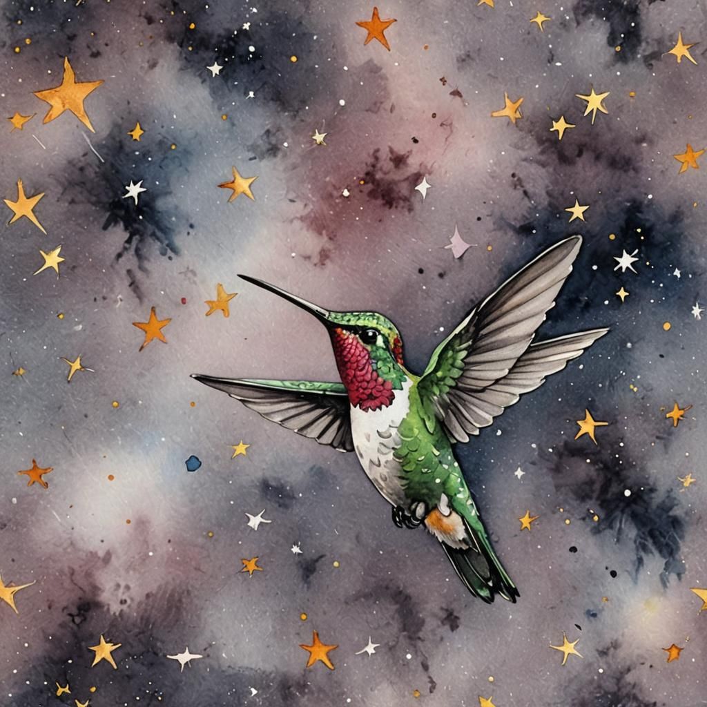 Hummingbird Soaring Among Stars: Watercolor Art