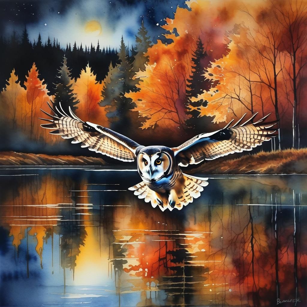 Watercolor Painting of Owl Flying Over Lake