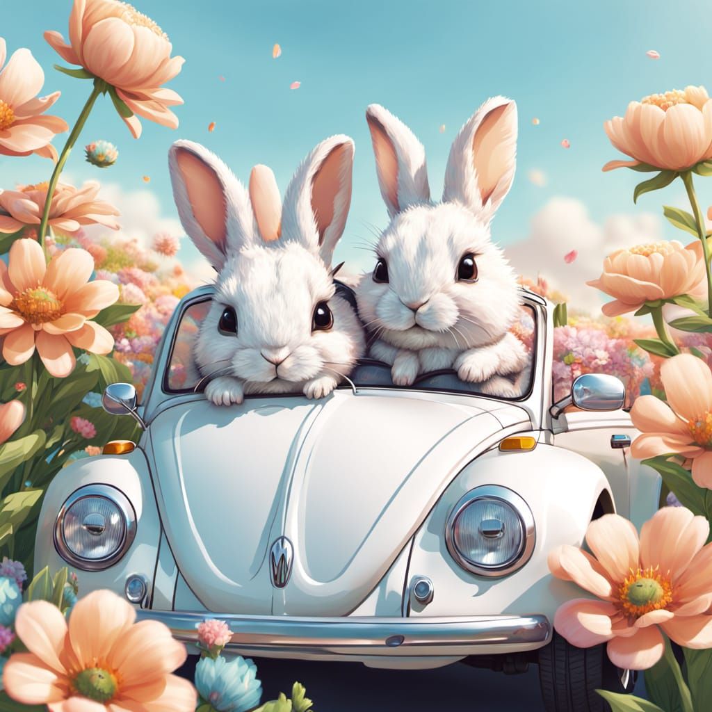 Baby Bunnies Drive Flower Car: Whimsical Digital Art