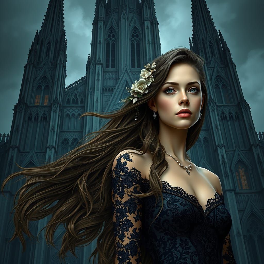 Melancholy Woman in Art Nouveau Cathedral Scene