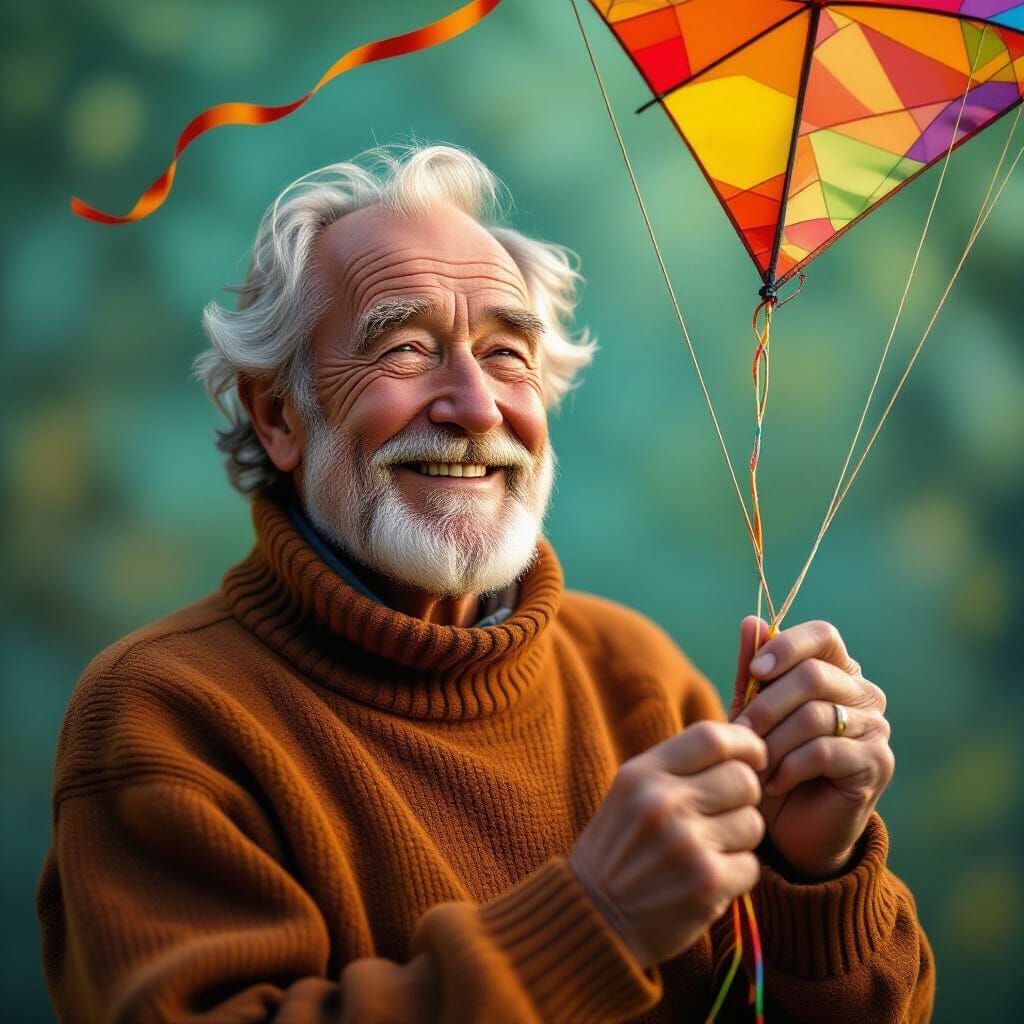 Whimsical Image of Smiling Old Man Flying Kite