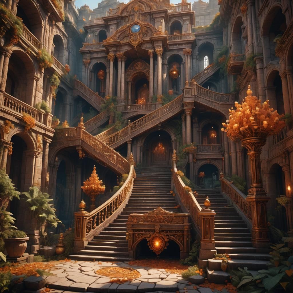 Fantastical Hessonite Staircase in Detailed Matte Painting