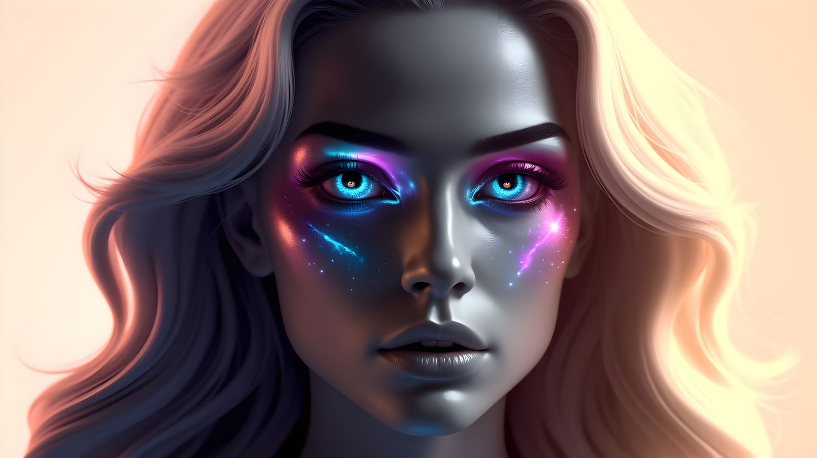 Ethereal Woman with Cosmic-Colored Eyes in Soft Focus