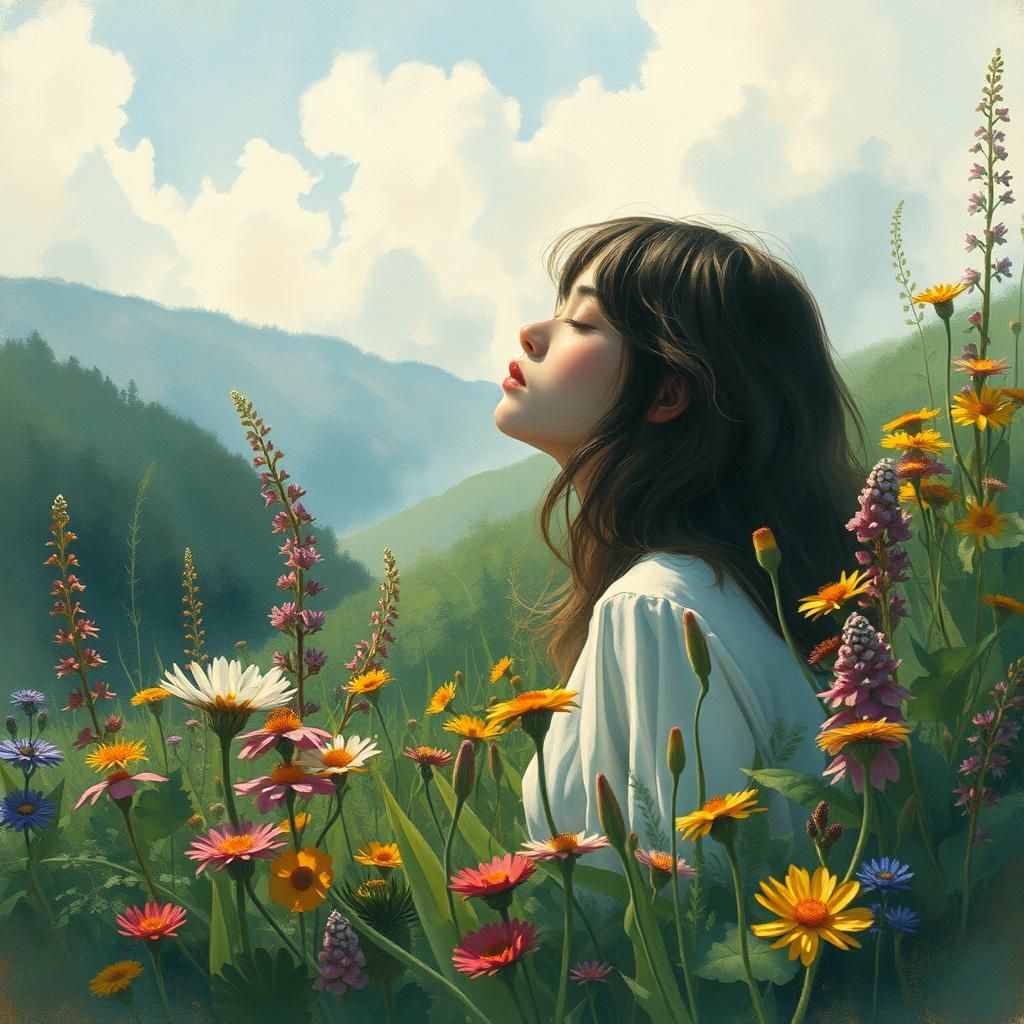 Serene Woman in Dreamy Landscape with Ethereal Glow