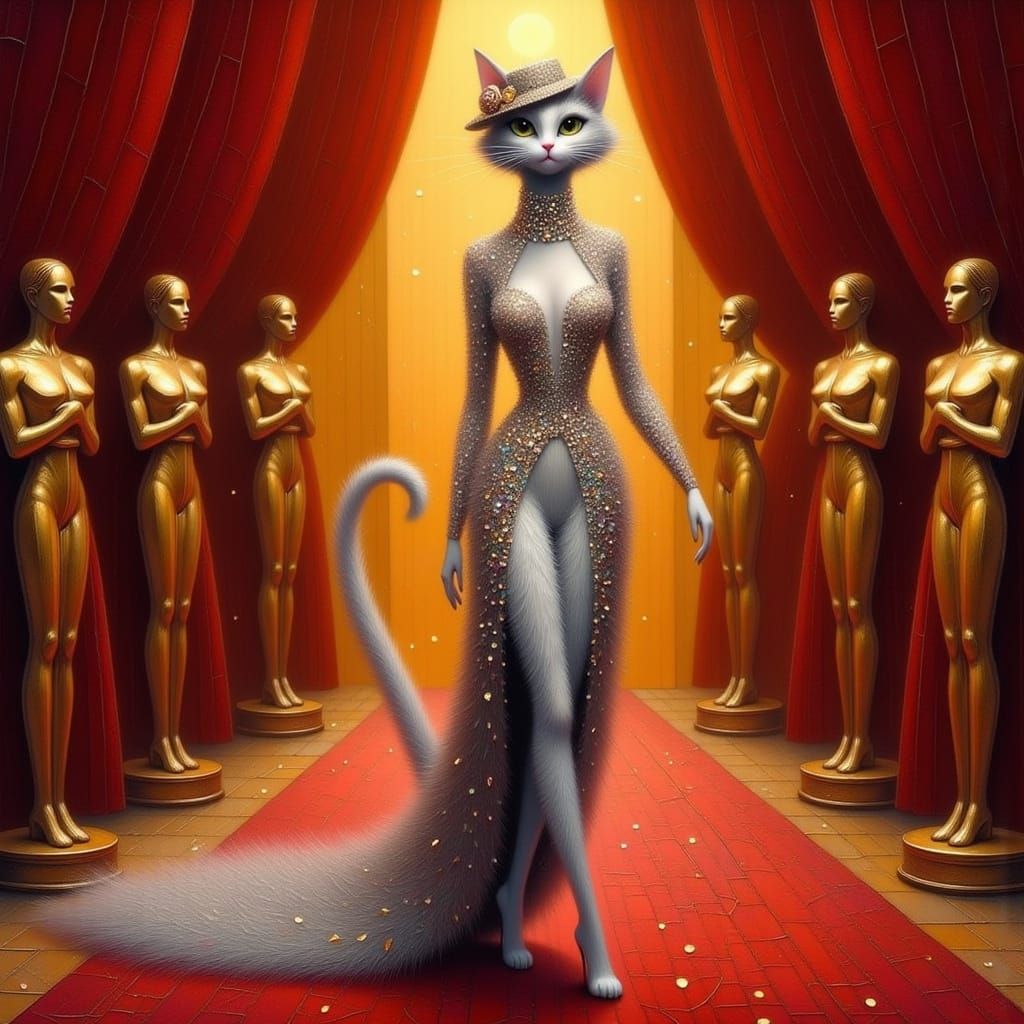 Sultry Feline Sashays on Crimson Carpet in Art Deco Elegance