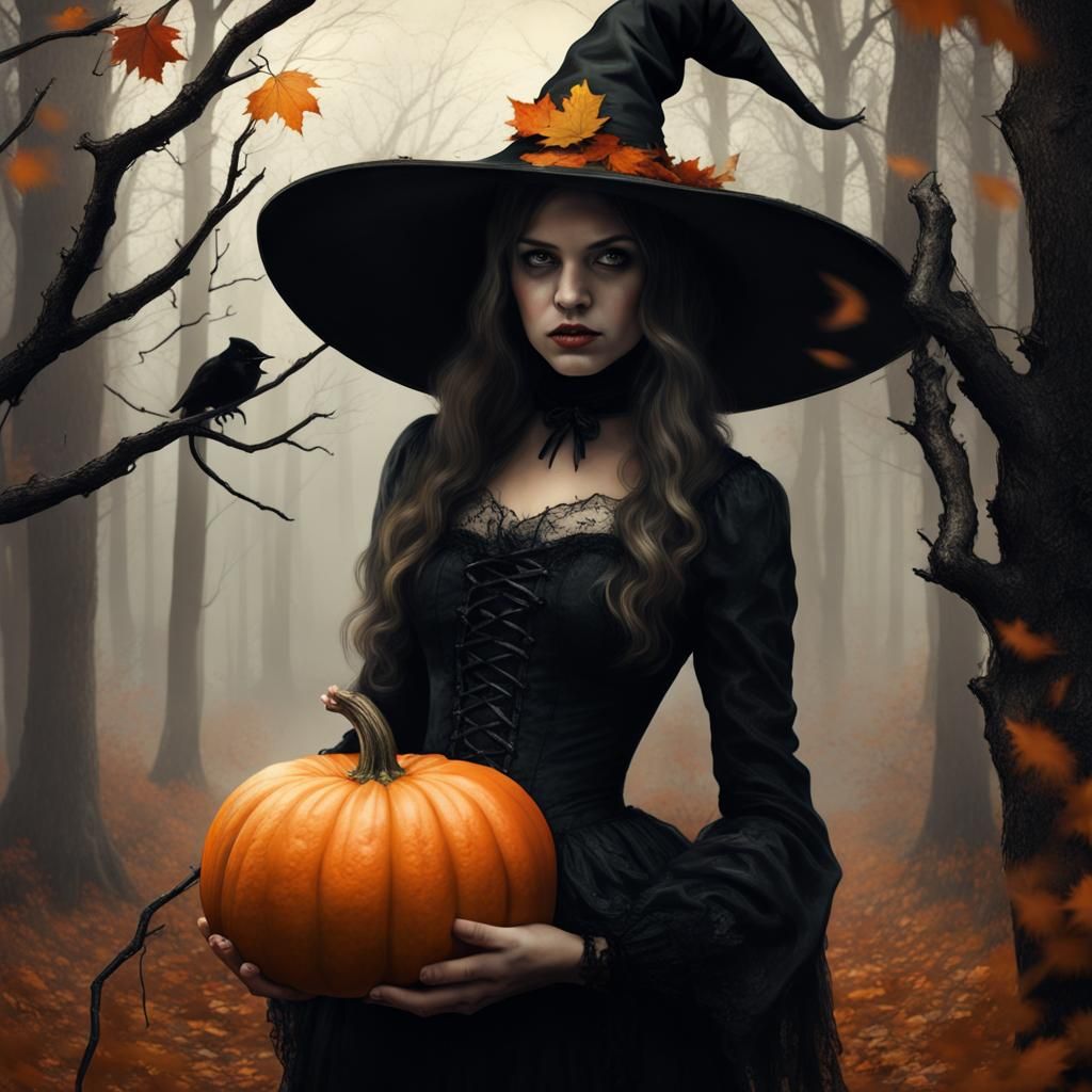 Sinister Halloween Witch in Forest Scene