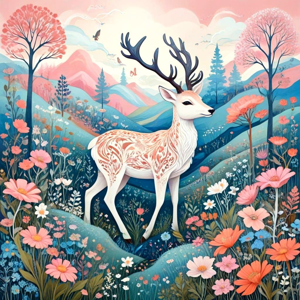 Enchanted Meadow Scene with Goddess and Forest Animals in Ab...