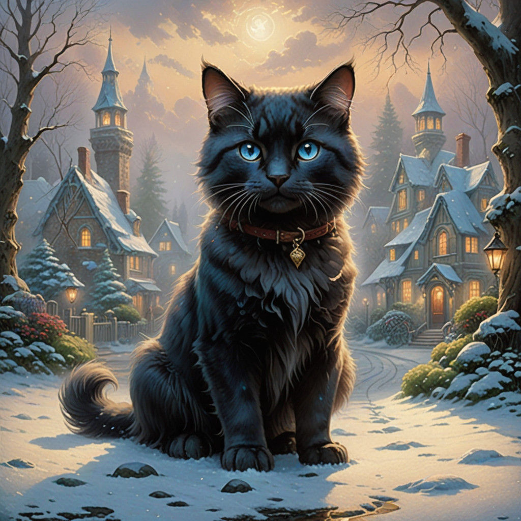 Whimsical Blue-Eyed Feline in Ethereal Misty Landscape