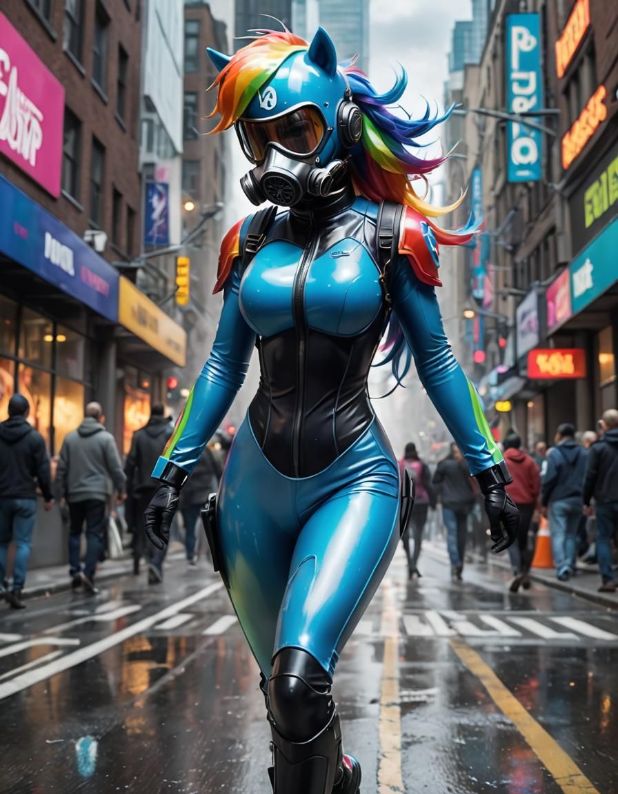 Rainbow Dash Human Running in Latex Catsuit